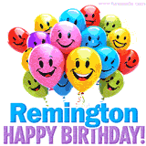 An animated birthday-themed name GIF with colorful smiling balloons and bold 'Remington, Happy Birthday!' text for a celebratory touch.