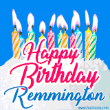 A cheerful animated GIF featuring colorful lit birthday candles on a white cake, with the text 'Happy Birthday Remmington' in bold red and blue script on a bright blue background.