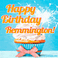 A cheerful animated GIF of a cupcake with creamy frosting, a red checkered ribbon, and a bright sparkler on top. The text 'Happy Birthday Remmington!' is displayed in vibrant orange and red.