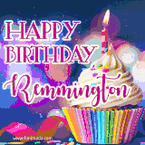 A festive animated GIF featuring a colorful cupcake with a single lit candle, sprinkles, and 'Happy Birthday Remmington' text against a sparkling, celebratory background.