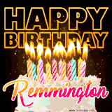 A vibrant animated GIF featuring a delicious birthday cake topped with glowing candles and the name 'Remmington' in elegant script, and the words 'Happy Birthday' on the black background.
