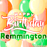 Animated GIF featuring colorful balloons in the background with the cheerful text 'Happy Birthday Remmington'.