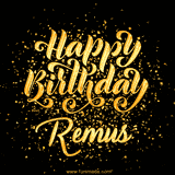 Animated GIF with colorful, festive 'Happy Birthday Remus' text decorated with patterns, a party hat, and falling confetti. A vibrant and cheerful design for birthday celebrations.