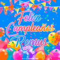 A vibrant animated GIF with 'Feliz Cumpleaños Remus' written in colorful script, surrounded by balloons, confetti, and bunting on a bright blue background.