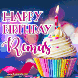 A festive animated GIF featuring a colorful cupcake with a single lit candle, sprinkles, and 'Happy Birthday Remus' text against a sparkling, celebratory background.