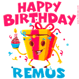 A funny animated birthday GIF with the words 'Happy Birthday Remusa', colorful gift box with arms and legs, holding a cupcake with a lit candle  with confetti everywhere.