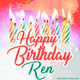 Bright birthday candles with rainbow flames on a cake, alongside the text 'Happy Birthday Ren' in vibrant script in this celebratory animated GIF.