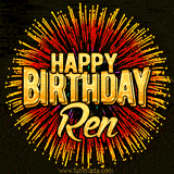 Golden 'Happy Birthday Ren' text accompanied by animated rainbow fireworks for a festive animated greeting.