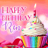 A vibrant birthday GIF featuring a rainbow-colored cupcake topped with white frosting, sprinkles, and a lit candle. The text reads 'Happy Birthday Ren' in bold pink and violet letters with white outline.