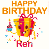 A vibrant and funny gift box character with a happy face dancing with a cupcake and the text 'Happy Birthday Ren,' surrounded by animated confetti and party vibes.