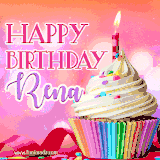 A vibrant birthday GIF featuring a rainbow-colored cupcake topped with white frosting, sprinkles, and a lit candle. The text reads 'Happy Birthday Rena' in bold pink and violet letters with white outline.