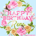 A charming animated GIF featuring 'Happy Birthday Rena' in pink and green text, surrounded by delicate roses, leaves, and fluttering butterflies on a soft light blue pastel background.