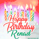 Bright birthday candles with rainbow flames on a cake, alongside the text 'Happy Birthday Renad' in vibrant script in this celebratory animated GIF.