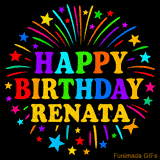 Personalized greeting card with name, colorful text that says 'Happy Birthday Renata' surrounded by animated fireworks and multicolor stars