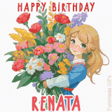Bright floral birthday animation for Renata showing a cute cartoon girl with golden hair and expressive eyes holding a huge bouquet, surrounded by birthday text.