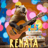 Animated birthday GIF showing a capybara playing guitar and singing beside a birthday cake with the name Renata in large letters and colorful bokeh lights in the background.