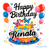 An animated birthday card for Renata. It features a festive cake with her name, 'Renata', and colorful butterflies. Floating balloons and hearts complete the joyful scene.