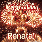 A luxury crimson holiday present wrapped with a golden satin ribbon on a sparkling gold background and name Renata