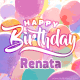 A vibrant name GIF featuring colorful balloons in shades of pink, orange, and yellow with the bold text 'Happy Birthday Renata' in festive fonts, creating a lively birthday vibe.