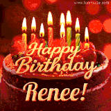 Beautifully decorated red velvet berry birthday cake with vibrant fruits and a glowing 'Renee' name, adding a touch of sweetness and sparkle.