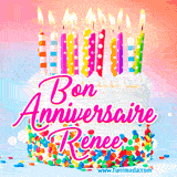 A white birthday cake covered in colorful sprinkles, topped with bright candles, and French text 'Bon Anniversaire Renee' on a pastel gradient background in an animated GIF.
