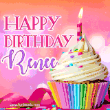 A vibrant birthday GIF featuring a rainbow-colored cupcake topped with white frosting, sprinkles, and a lit candle. The text reads 'Happy Birthday Renee' in bold pink and violet letters with white outline.
