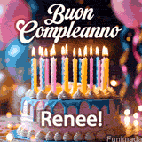 Birthday cake topped with pink and yellow lit candles, surrounded by glowing bokeh lights and party balloons. The greeting 'Buon Compleanno Renee GIF!' is displayed.
