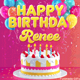 Pink-themed animated greeting with balloons, confetti, and a frosted cake under the message 'Happy Birthday Renee' in bold rounded yellow font.