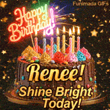 Custom birthday ecard for Renee showing a gourmet chocolate cake on a dark background with golden star sparkles.