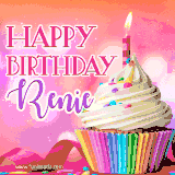 A vibrant birthday GIF featuring a rainbow-colored cupcake topped with white frosting, sprinkles, and a lit candle. The text reads 'Happy Birthday Renie' in bold pink and violet letters with white outline.