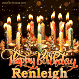A glowing personalized birthday GIF with name Renleigh featuring lit candles with intricate designs, warm lighting, and the text 'Happy Birthday' in an elegant font.