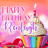 A vibrant birthday GIF featuring a rainbow-colored cupcake topped with white frosting, sprinkles, and a lit candle. The text reads 'Happy Birthday Renleigh' in bold pink and violet letters with white outline.