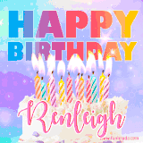 A vibrant animated name GIF with the words 'Happy Birthday Renleigh' with colorful candles on a creamy cake. The background sparkles with pastel shades, adding a festive touch.