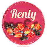 Beautifully decorated red velvet berry birthday cake with vibrant fruits and a glowing 'Renly' name, adding a touch of sweetness and sparkle.