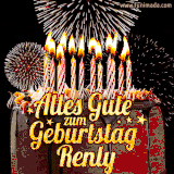 A chocolate birthday cake with glowing candles, the German text 'Alles Gute zum Geburtstag Renly,' and vibrant fireworks lighting up the background in an animated GIF.