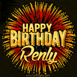 Golden 'Happy Birthday Renly' text accompanied by animated rainbow fireworks for a festive animated greeting.