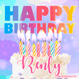 A vibrant animated name GIF with the words 'Happy Birthday Renly' with colorful candles on a creamy cake. The background sparkles with pastel shades, adding a festive touch.