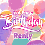 A vibrant name GIF featuring colorful balloons in shades of pink, orange, and yellow with the bold text 'Happy Birthday Renly' in festive fonts, creating a lively birthday vibe.