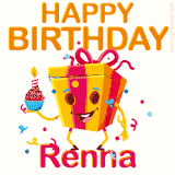 A vibrant and funny gift box character with a happy face dancing with a cupcake and the text 'Happy Birthday Renna,' surrounded by animated confetti and party vibes.