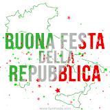 Un saluto patriottico animato per il 2 Giugno, Le parole 'Buona Festa della Repubblica' sono al centro, con il profilo della mappa italiana e una pioggia di stelle verdi e rosse.