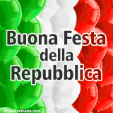Un saluto patriottico animato per il 2 Giugno, Le parole 'Buona Festa della Repubblica' sono al centro di un mare di palloncini lucidi nei colori della bandiera italiana.