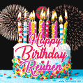 Amazing Animated GIF Image for Reuben with Birthday Cake and Fireworks