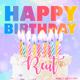 A vibrant animated name GIF with the words 'Happy Birthday Reut' with colorful candles on a creamy cake. The background sparkles with pastel shades, adding a festive touch.