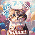 Happy birthday gif for Reyaan with cat and cake