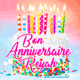 A white birthday cake covered in colorful sprinkles, topped with bright candles, and French text 'Bon Anniversaire Reyah' on a pastel gradient background in an animated GIF.