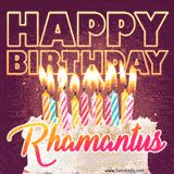 A colorful birthday cake topped with lit candles, with the words 'Happy Birthday Rhamantus' in bold glowing letters on a burgundy background. Animated flames add a festive touch.