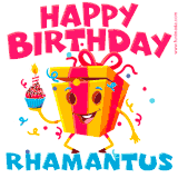 A vibrant and funny gift box character with a happy face dancing with a cupcake and the text 'Happy Birthday Rhamantus,' surrounded by animated confetti and party vibes.