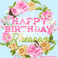 A charming animated GIF featuring 'Happy Birthday Rheagan' in pink and green text, surrounded by delicate roses, leaves, and fluttering butterflies on a soft light blue pastel background.