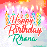 Bright birthday candles with rainbow flames on a cake, alongside the text 'Happy Birthday Rhona' in vibrant script in this celebratory animated GIF.
