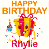 A vibrant and funny gift box character with a happy face dancing with a cupcake and the text 'Happy Birthday Rhylie,' surrounded by animated confetti and party vibes.